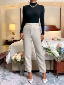 SHEIN Privé High Waist Slant Pocket Trousers - White - View 5