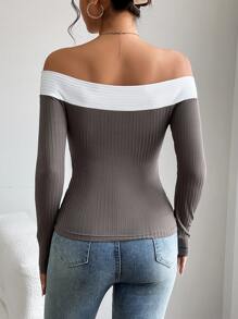 SHEIN PETITE Off Shoulder Contrast Trim Tee - Grey - View 2