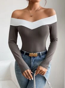 SHEIN PETITE Off Shoulder Contrast Trim Tee - Grey - View 3