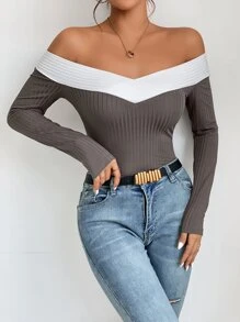 SHEIN PETITE Off Shoulder Contrast Trim Tee - Grey - View 6