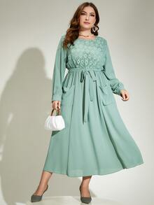 Al Najma Plus Guipure Lace Insert Belted Dress - Mint Green - View 6