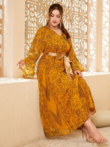 Al Najma Plus Allover Print Flounce Sleeve Belted Dress - Mustard Yellow - View 1
