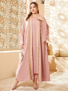 Al Najma Plus Contrast Tape Open Front Abaya - Dusty Pink - View 1