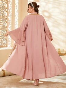 Al Najma Plus Contrast Tape Open Front Abaya - Dusty Pink - View 2