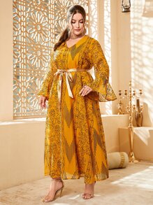 Al Najma Plus Allover Print Flounce Sleeve Belted Dress - Mustard Yellow - View 3