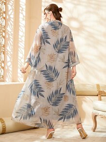 Al Najma Plus Tropical Print Notched Neck Tassel Detail Dress - Khaki - View 2