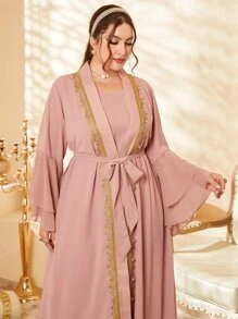 Al Najma Plus Contrast Tape Open Front Abaya - Dusty Pink - View 3