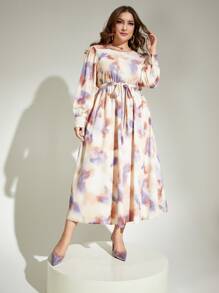 Modelyn 大碼紮染燈籠袖繫腰帶連衣裙