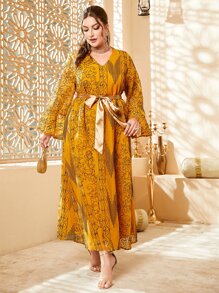 Al Najma Plus Allover Print Flounce Sleeve Belted Dress - Mustard Yellow - View 4
