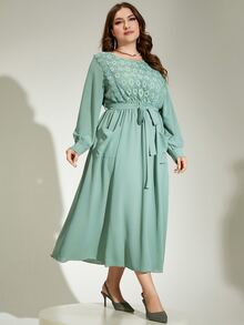Al Najma Plus Guipure Lace Insert Belted Dress - Mint Green - View 4
