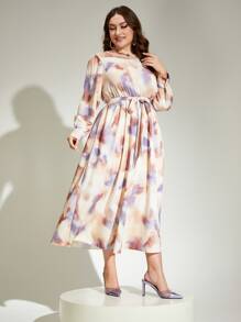 Modelyn 大碼紮染燈籠袖繫腰帶連衣裙