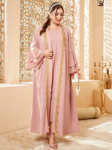 Al Najma Plus Contrast Tape Open Front Abaya - Dusty Pink - View 4