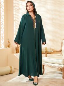 Al Najma Plus Contrast Sequin Tape Detail Hooded Tunic Dress Kaftan Jalabiya Dress - Dark Green - View 1
