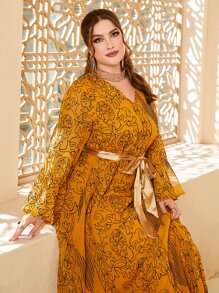 Al Najma Plus Allover Print Flounce Sleeve Belted Dress - Mustard Yellow - View 5