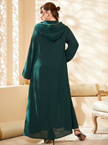 Al Najma Plus Contrast Sequin Tape Detail Hooded Tunic Dress Kaftan Jalabiya Dress - Dark Green - View 2