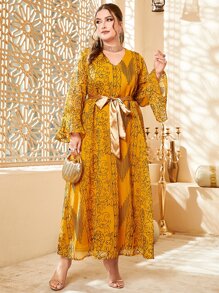 Al Najma Plus Allover Print Flounce Sleeve Belted Dress - Mustard Yellow - View 6
