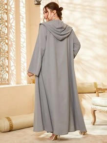 Al Najma Plus Rhinestone Graphic Hooded Abaya Set Kaftan Jalabiya Dress - Grey - View 2