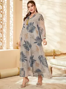 Al Najma Plus Tropical Print Notched Neck Tassel Detail Dress - Khaki - View 6