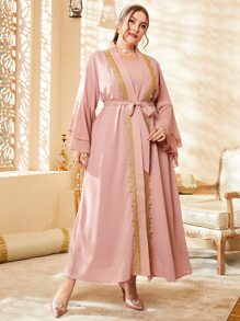 Al Najma Plus Contrast Tape Open Front Abaya - Dusty Pink - View 6