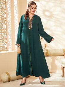 Al Najma Plus Contrast Sequin Tape Detail Hooded Tunic Dress Kaftan Jalabiya Dress - Dark Green - View 3