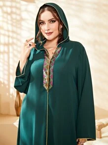 Al Najma Plus Contrast Sequin Tape Detail Hooded Tunic Dress Kaftan Jalabiya Dress - Dark Green - View 6