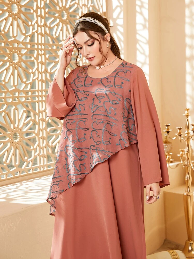 Plus Slogan Embroidery Bell Sleeve Dress