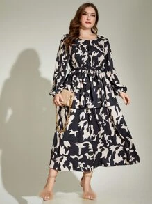 Modelyn 大碼滿版印花燈籠袖繫腰帶連衣裙 - 彩色 - 查看 5