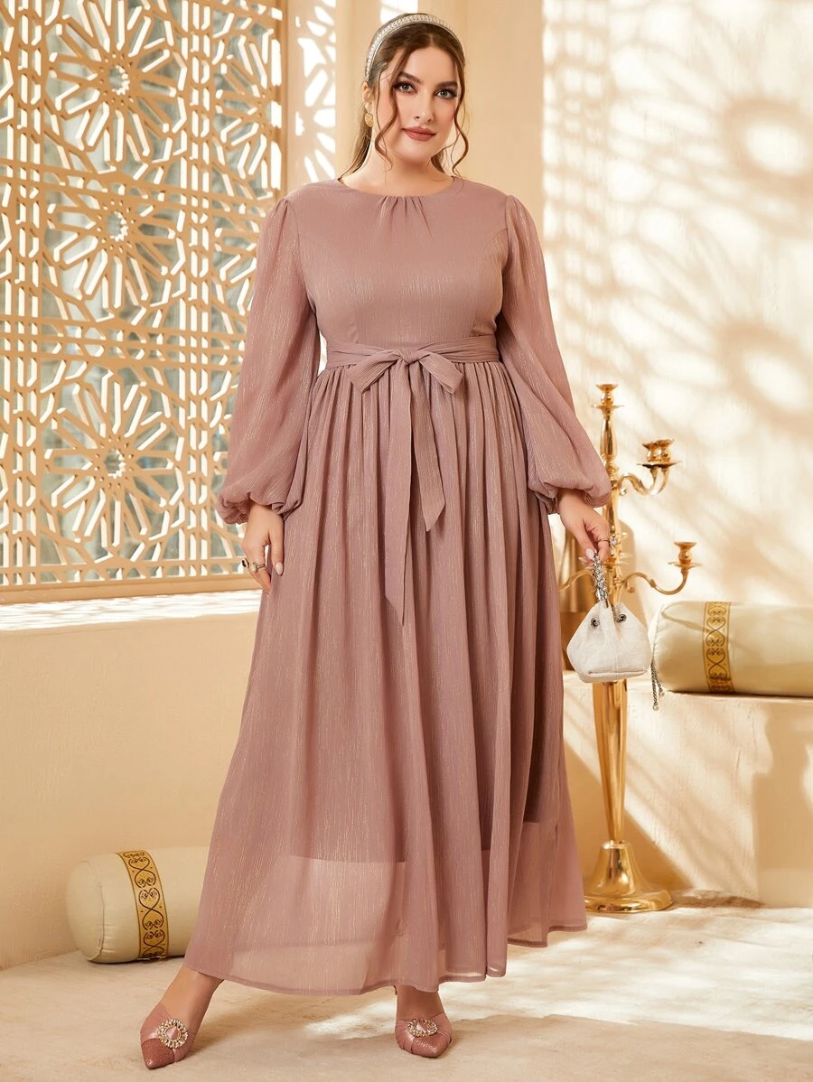 Modelyn Plus Lantern Sleeve Belted Metallic Dress - Dusty Pink - View 1