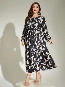 Modelyn 大碼滿版印花燈籠袖繫腰帶連衣裙 - 彩色 - 查看 6