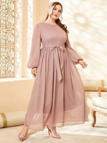 Modelyn Plus Lantern Sleeve Belted Metallic Dress - Dusty Pink - View 3