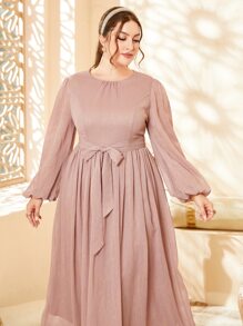 Modelyn Plus Lantern Sleeve Belted Metallic Dress - Dusty Pink - View 4