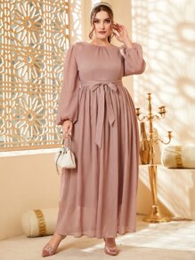 Modelyn Plus Lantern Sleeve Belted Metallic Dress - Dusty Pink - View 5