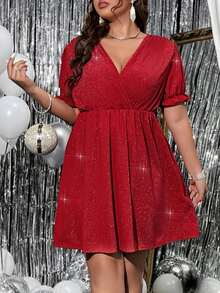 SHEIN BAE Vestido brillante de cuello cruzado de manga farol - Rojo - Ver 5