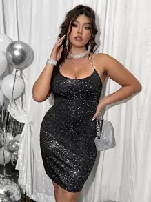 SHEIN Unity Vestido ajustado con estampado con diseño de cadena de espalda abierta de cuello halter - Negro - Ver 1