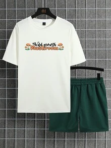 Chillumni Men Letter & Mushroom Print Tee & Drawstring Waist Shorts