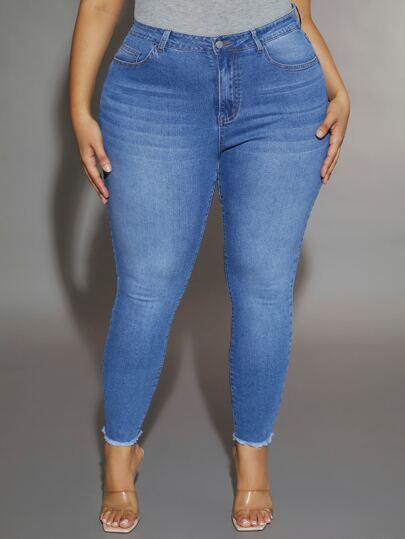Plus High Waist Raw Trim Skinny Jeans