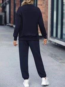 SHEIN LUNE Kangaroo Pocket Half Button Drop Shoulder Sweatshirt & Drawstring Joggers - Navy Blue - View 2