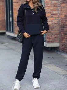 SHEIN LUNE Kangaroo Pocket Half Button Drop Shoulder Sweatshirt & Drawstring Joggers - Navy Blue - View 3