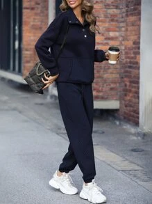 SHEIN LUNE Kangaroo Pocket Half Button Drop Shoulder Sweatshirt & Drawstring Joggers - Navy Blue - View 4