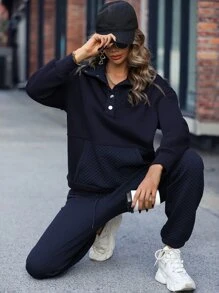 SHEIN LUNE Kangaroo Pocket Half Button Drop Shoulder Sweatshirt & Drawstring Joggers - Navy Blue - View 6