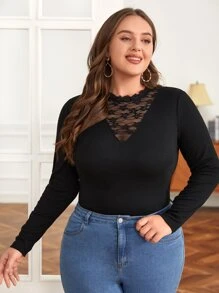 SHEIN Frenchy Plus Contrast Lace Tee - Black - View 3