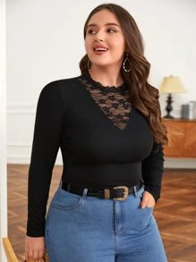 SHEIN Frenchy Plus Contrast Lace Tee - Black - View 4