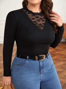 SHEIN Frenchy Plus Contrast Lace Tee - Black - View 6