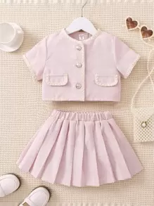 SHEIN 小女童拼接邊翻蓋細節夾克和百褶半身裙 - 淺粉色 - 查看 1