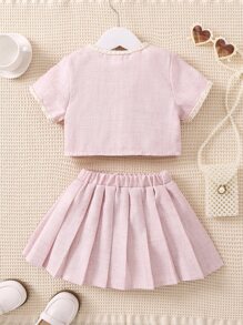 SHEIN 小女童拼接邊翻蓋細節夾克和百褶半身裙 - 淺粉色 - 查看 2