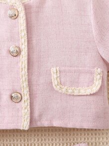 SHEIN 小女童拼接邊翻蓋細節夾克和百褶半身裙 - 淺粉色 - 查看 4