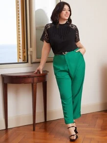 SHEIN Frenchy Plus Contrast Lace Mock Neck Tee - Black - View 4