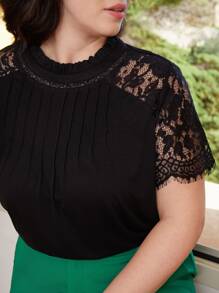 SHEIN Frenchy Plus Contrast Lace Mock Neck Tee - Black - View 5