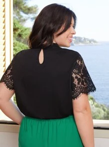 SHEIN Frenchy Plus Contrast Lace Mock Neck Tee - Black - View 7