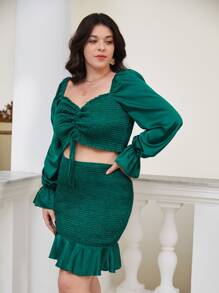 SHEIN Frenchy Plus Sweetheart Neck Flounce Sleeve Drawstring Front Shirred Crop Top & Ruffle Hem Skirt - Dark Green - View 5